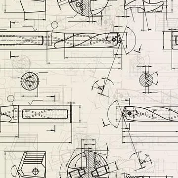Mechanical engineering drawings on sepia background. Drill tools, borer Stock Illustration