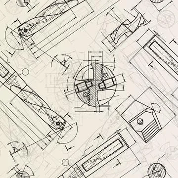 Mechanical engineering drawings on sepia background. Drill tools, borer Stock Illustration