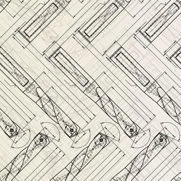 Mechanical engineering drawings on sepia background. Drill tools, borer Stock Illustration