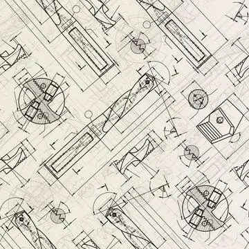Mechanical engineering drawings on sepia background. Drill tools, borer Stock Illustration