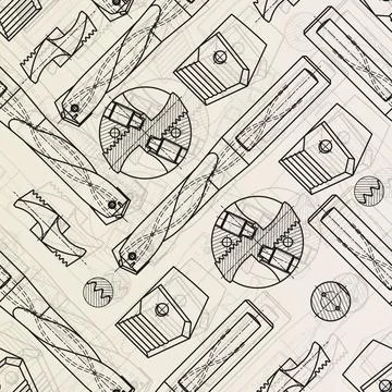 Mechanical engineering drawings on sepia background. Drill tools, borer Stock Illustration