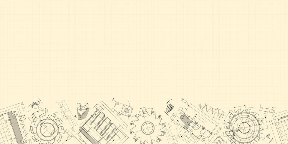 Mechanical engineering drawings on sepia background. Cutting tools, milling Stock Illustration