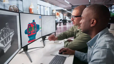 Mechanical Engineers Are Collaborating On 3D CAD Designs Stock Footage 334922210