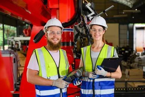 Mechanical engineers repairing engine machine at factory 写真素材