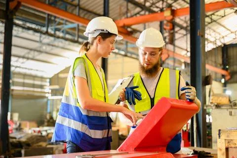 Mechanical engineers repairing engine machine at factory Stock Photos