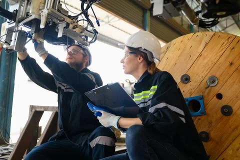 Mechanical engineers repairing engine machine at factory 写真素材