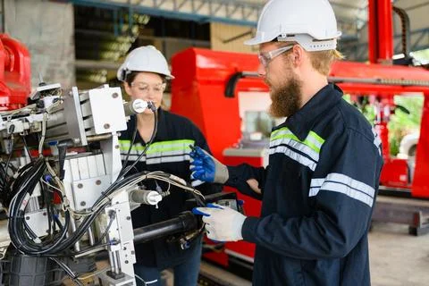 Mechanical engineers repairing engine machine at factory 写真素材