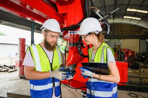 Mechanical engineers repairing engine machine at factory Stock Photos
