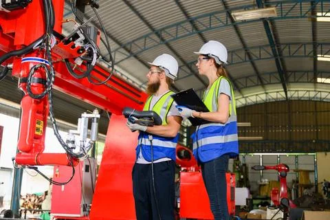 Mechanical engineers repairing engine machine at factory 写真素材