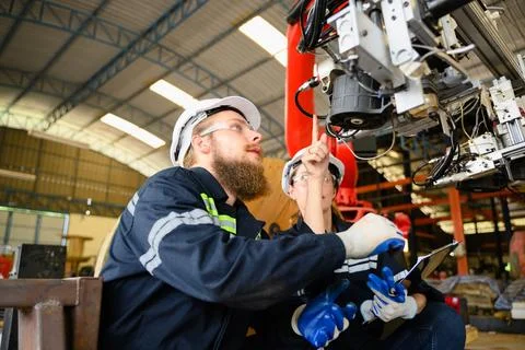 Mechanical engineers repairing engine machine at factory 写真素材