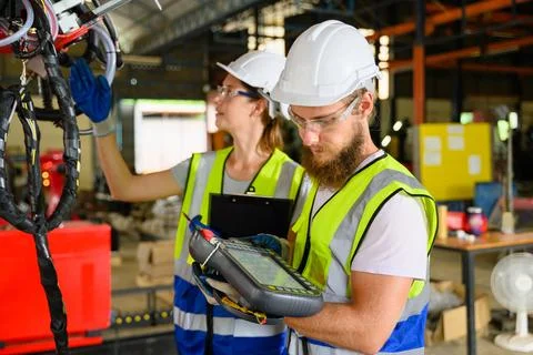 Mechanical engineers repairing engine machine at factory Stock Photos