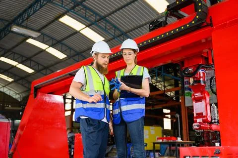 Mechanical engineers repairing engine machine at factory 写真素材
