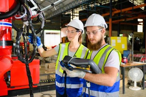 Mechanical engineers repairing engine machine at factory 写真素材