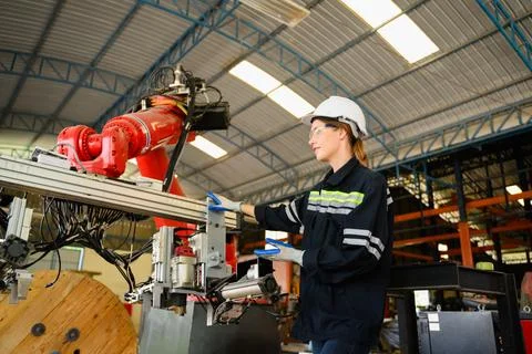 Mechanical engineers repairing engine machine at factory 写真素材