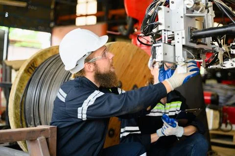 Mechanical engineers repairing engine machine at factory 写真素材