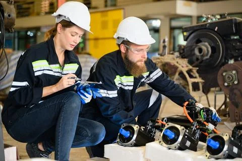 Mechanical engineers repairing engine machine at factory 写真素材