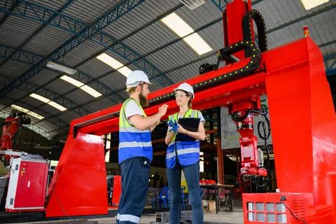 Mechanical engineers repairing engine machine at factory 写真素材
