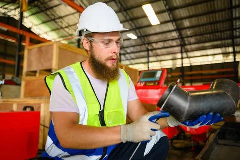 Mechanical engineers repairing engine machine at factory 写真素材