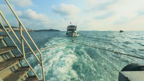 Mechanical Failure at Sea, Close Up of a Power Boat Being Towed by Rope Stock Footage 319346053