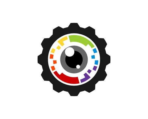 Mechanical gear with abstract pixels and lens camera inside Stock Illustration