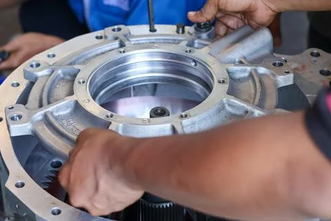 Mechanical gear assembly in workshop. Stock Photos