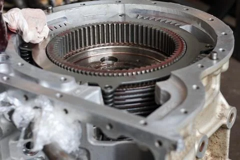 Mechanical gear assembly in workshop. Stock Photos