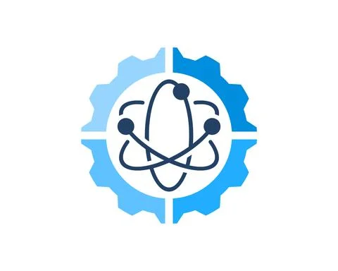 Mechanical gear with atom symbol inside Stock Illustration