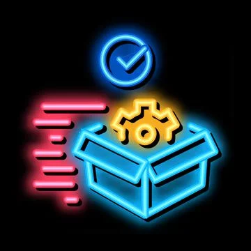 Mechanical gear in box, fast delivery neon glow icon illustration Stock Illustration