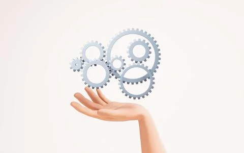 Mechanical gear in a hand, 3d rendering. Stock Illustration
