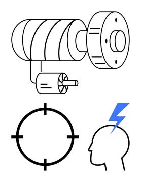 Mechanical gear, head with lightning bolt, and target symbol highlighting i.. 库存插图