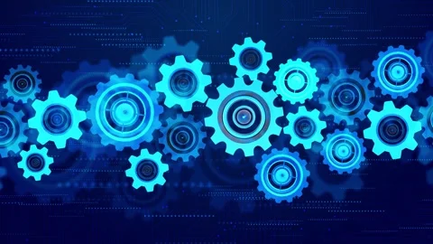Mechanical gear system tech visual bright blue cog wheels, circular elements, di Stock Footage 340527263