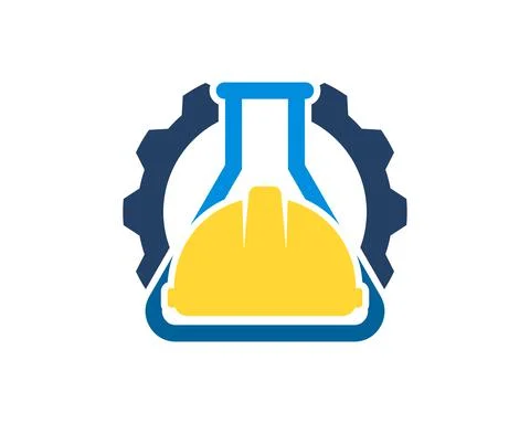 Mechanical gear with triangle bottle laboratory and safety helmet inside Stock Illustration