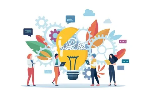 Mechanical gears in lightbulb flat style. Business brainstorming concept Stock Illustration