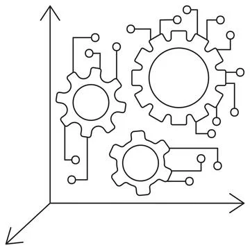 Mechanical gears with network nodes on coordinate axes system Illustrazione stock