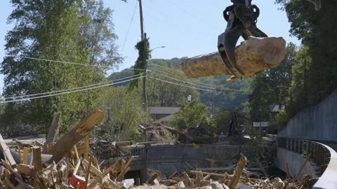 Mechanical grab loading trees onto a truck, remnants from Hurricane Helene Stock Footage 287996566