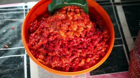 Mechanical grinding of paprika Stockbeeldmateriaal 43700660