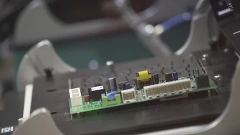 Mechanical hand lays the board on the surface for testing. Close shot Stock Footage 211816788