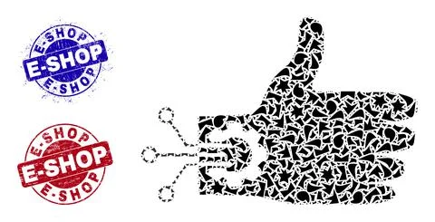 Mechanical Hand Mosaic of Debris with E-Shop Scratched Seal Stamps Stock Illustration