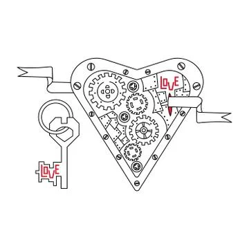 Mechanical heart, the key to the lock in the Steampunk style. Love - text. Ve Stock Illustration