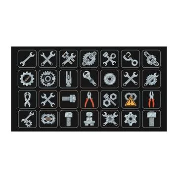 Mechanical icons: gears, wrenches, tools on black background Stock Illustration