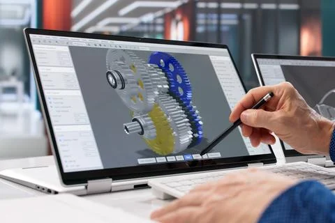 Mechanical Industry Designer Creates 3D Model Of Car Gearbox Online. Stock Photos
