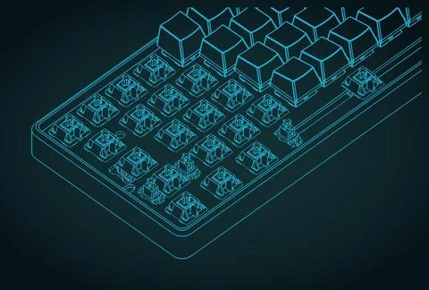 Mechanical keyboard isometric blueprint with partially removed keycaps Stock Illustration