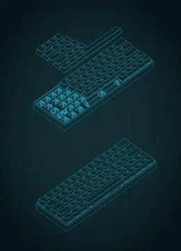 Mechanical keyboard isometric blueprints with partially removed keycaps Stock Illustration