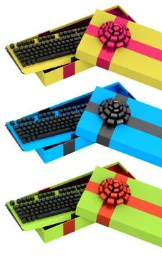 Mechanical keyboards packed in stylish gift boxes with ribbons, isolated on.. Stock Illustration