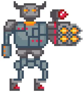 Mechanical man in iron armor, robot with built-in weapon. Pixelated character Stock Illustration