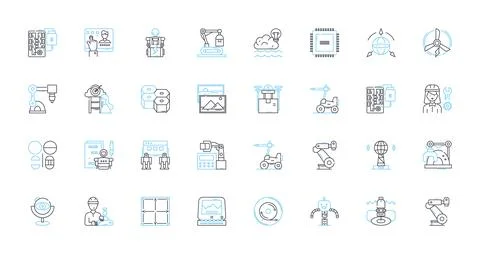 Mechanical modeling linear icons set. Simulation, Analysis, Design, Optimization Stock Illustration