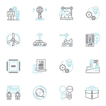 Mechanical modeling linear icons set. Simulation, Analysis, Design, Optimization Stock Illustration