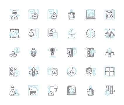 Mechanical modeling linear icons set. Simulation, Analysis, Design, Optimization Stock Illustration