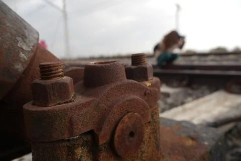 Mechanical part of a rusty train track Foto stock