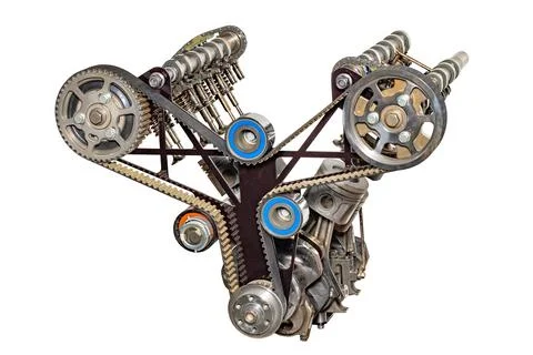 Mechanical parts of a complex engine with gears and belts in a workshop set.. Stock-Fotos